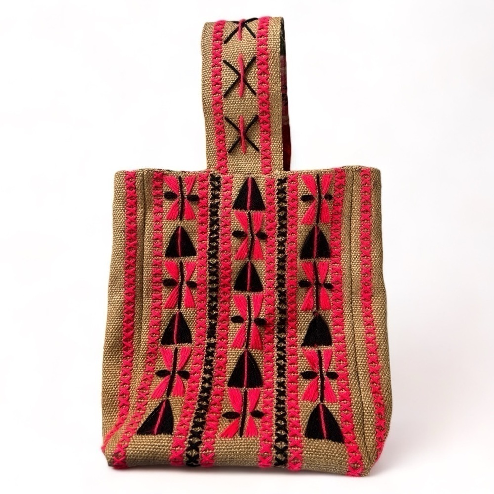 Bohemian Vintage Tan MCM Hot Pink Black 70’s Burlap Yarn Tote Bag Purse